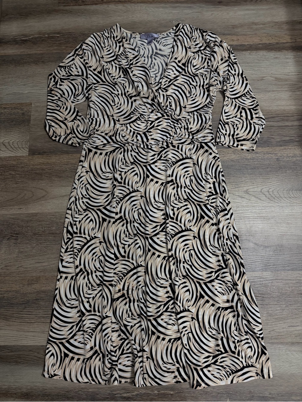 Nine & Co. Black and Cream Swirl Wrap-Style Midi Dress